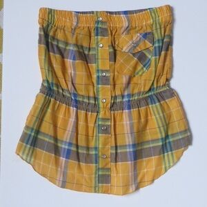 Max Rave Y2K Yellow Plaid Cotton Blend Strapless Top • Size S 🔴